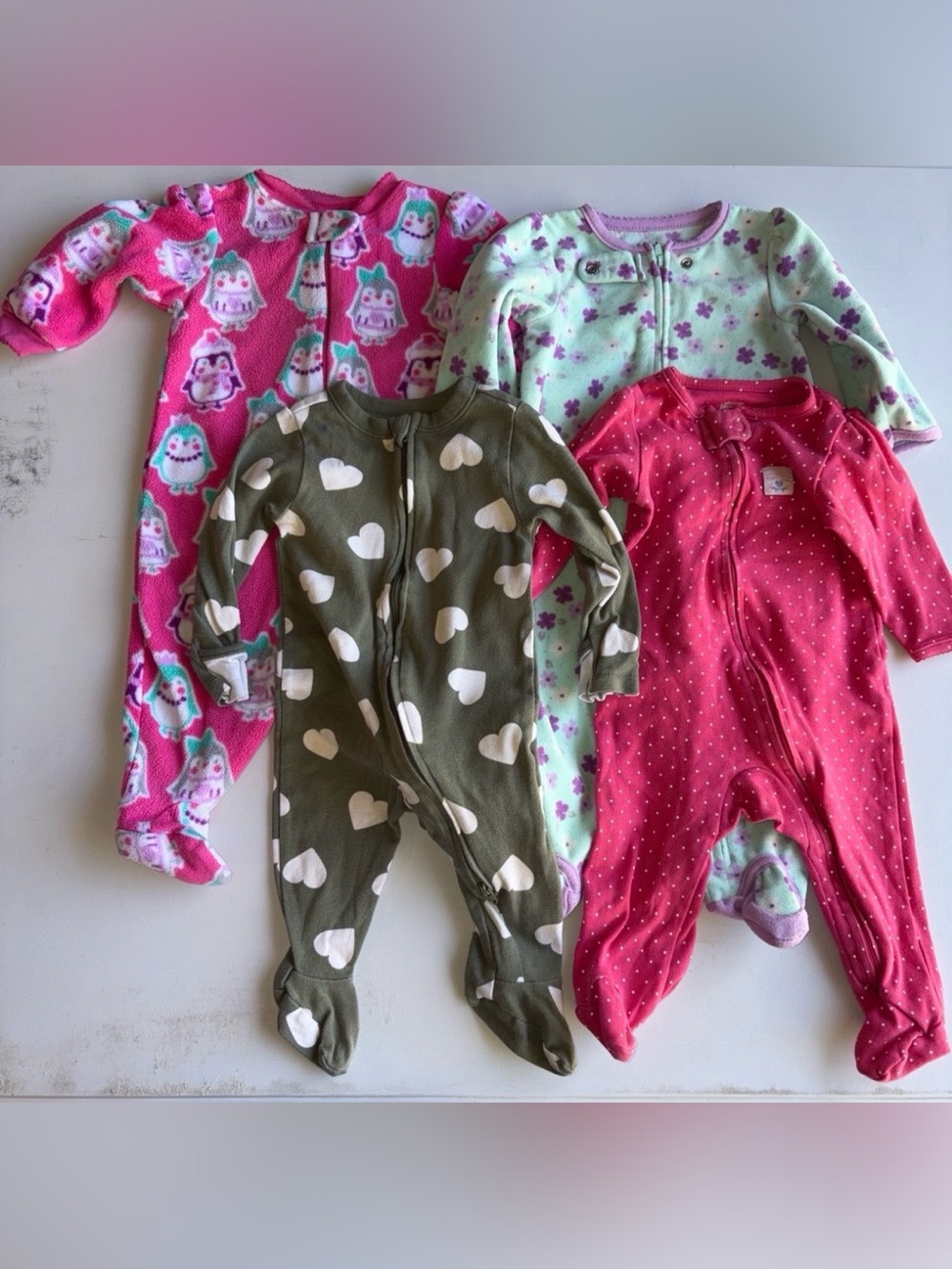 4 baby girl pajamas; 3-6 months; fall, winter, spring